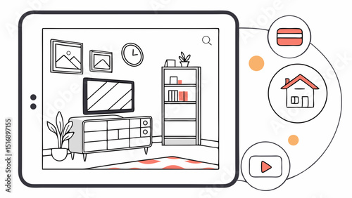 Tablet showing a living room design with furniture and icons for home and video options displayed