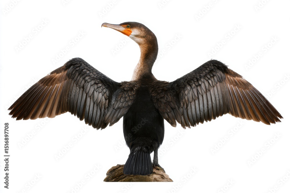 Obraz premium A majestic cormorant bird with outstretched wings displays its impressive plumage and powerful wingspan against a clean white background, highlighting its natural beauty.