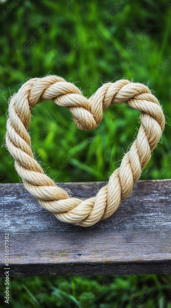 Fototapeta premium A heart-shaped rope rests on a wooden surface, set against a blurred background of vibrant green foliage
