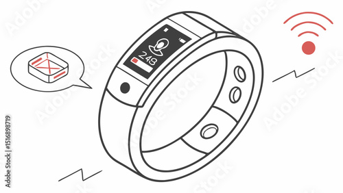 Illustration of a smart ring with a display showing a profile icon and wifi signal indicator nearby