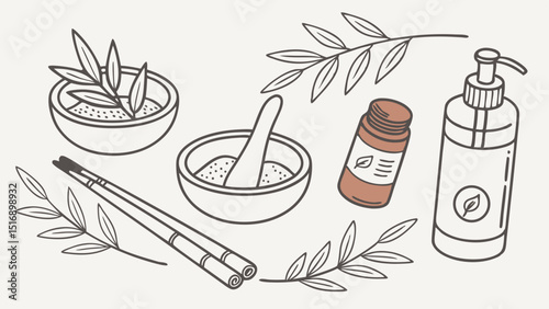 Illustration of spa and wellness items including bowls, bottles, leaves, and bamboo sticks in line art