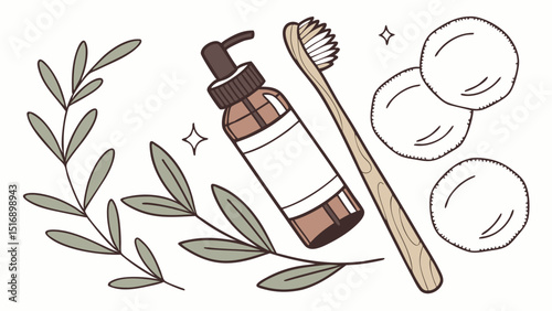 Illustration of a bathroom set with a bottle, toothbrush, cotton pads and leaves design element