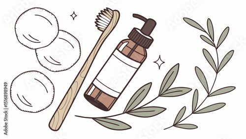 Illustration of zero waste bathroom essentials with cotton pads and wooden toothbrush shown