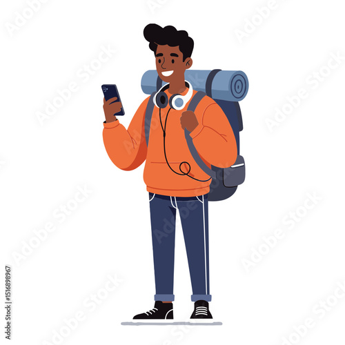 Young man looking at his cell phone with backpack on his back and smiling