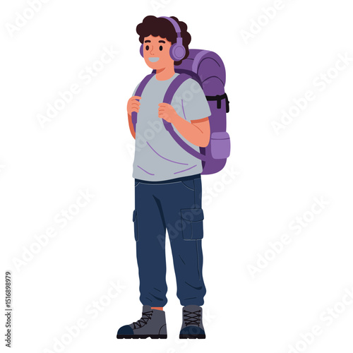 Young man with backpack on his back smiling and looking forward