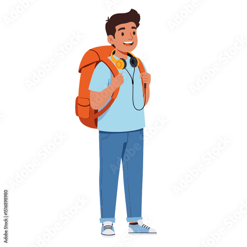 Young man with backpack and headphones waiting for bus
