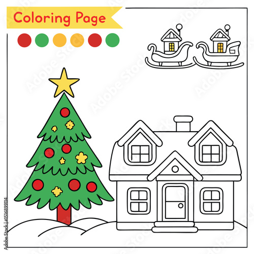 Christmas coloring page with a tree house and sleighs ready for holiday festive decoration
