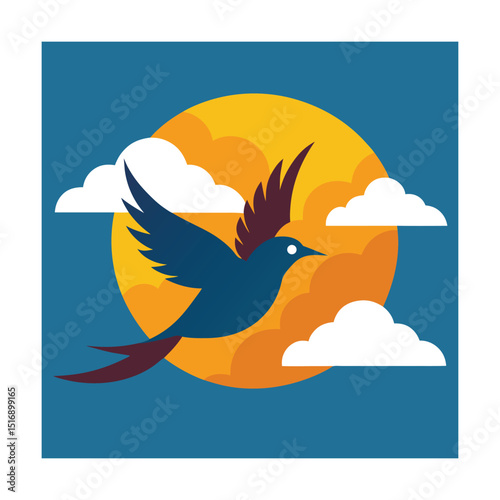 Bird Flying Near Sun and Cloud Illustration
