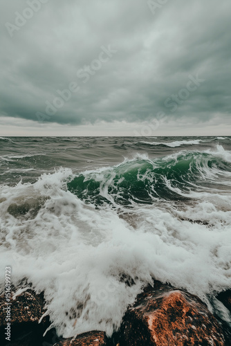 Stormy ocean waves crashing against rocks under cloudy sky landscape