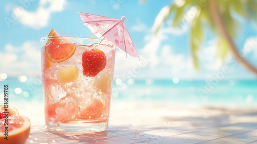 Tropical beach cocktail with citrus and strawberry garnish on blurred seascape background