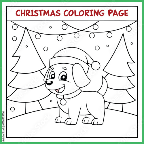 Cute christmas dog coloring page with festive trees and holiday decorations