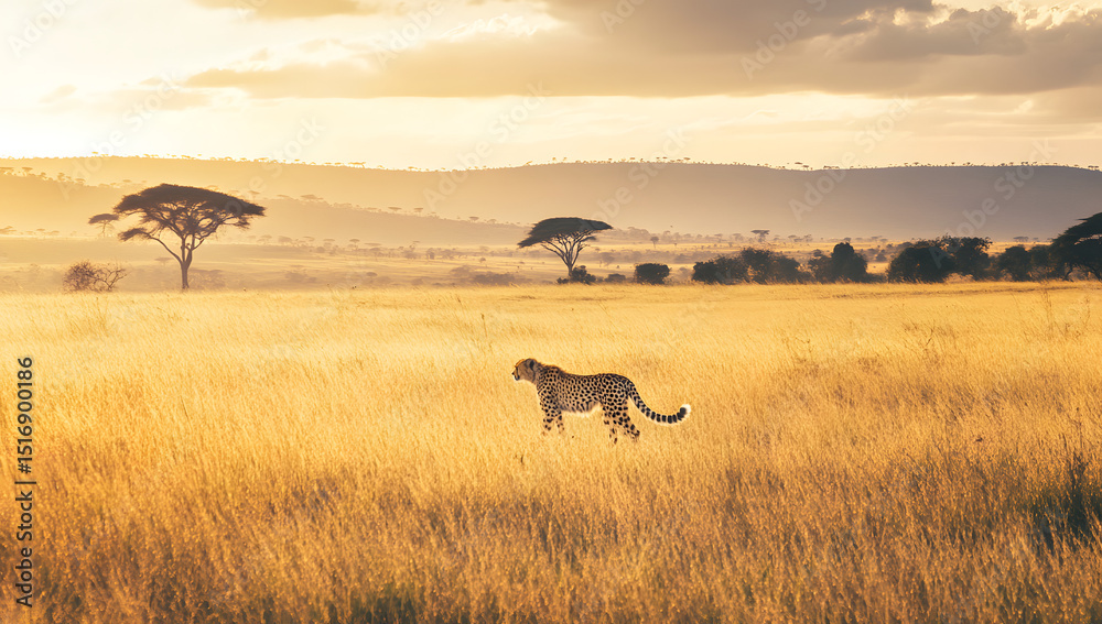 Naklejka premium Wild cheetah walking through African grasslands during safari