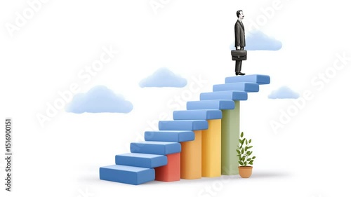 3d businessman climbing colorful bar steps symbolizing career growth with copy space
