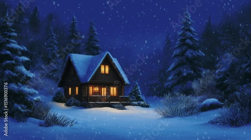 cozy wooden cabin with glowing windows in snowy night forest with copy space