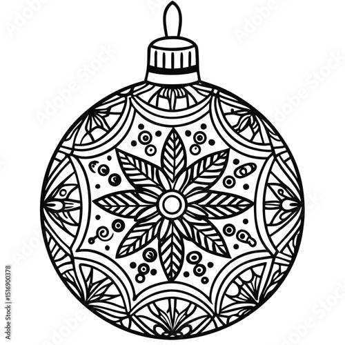 Detailed black and white christmas ornament with floral and geometric pattern
