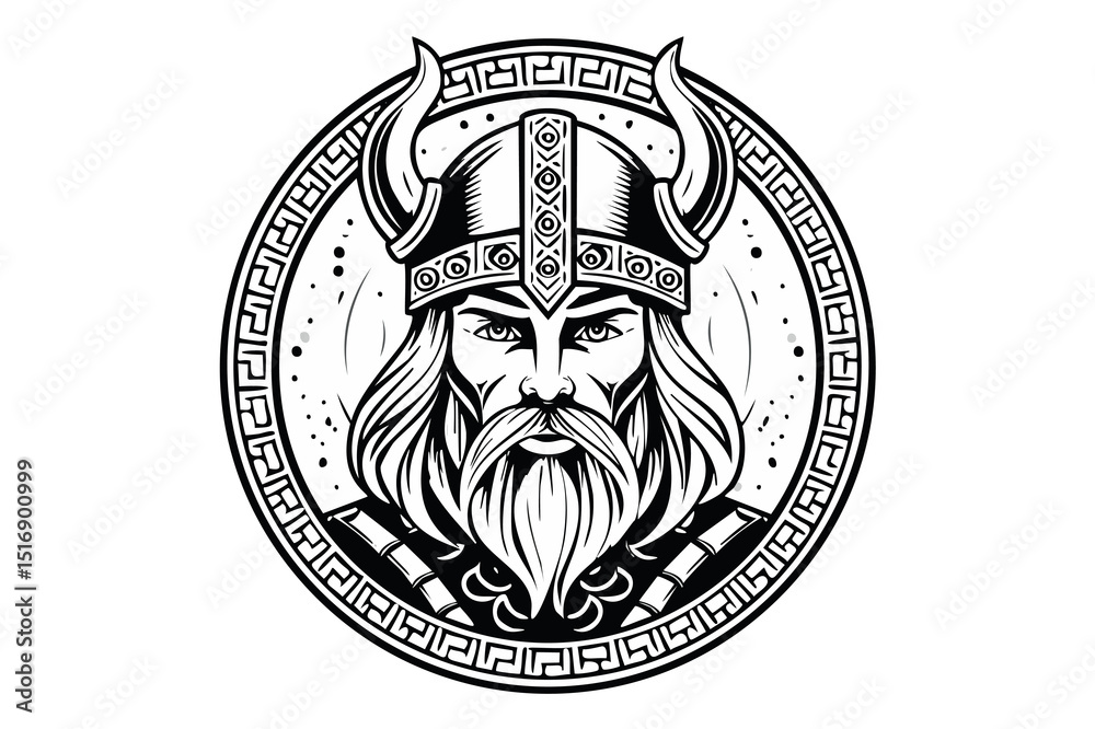 Obraz premium Black and white portrait of a frowning angry Celtic warrior in a horned helmet, Viking or Gallic warrior,