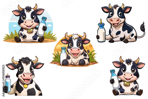 Cartoon happy calf holding a bottle of milk, Cheerful cow with a bottle of milk, Farm, cow with horns watching you curiously, Farming cattle animal, sketch for milk diary and beef products