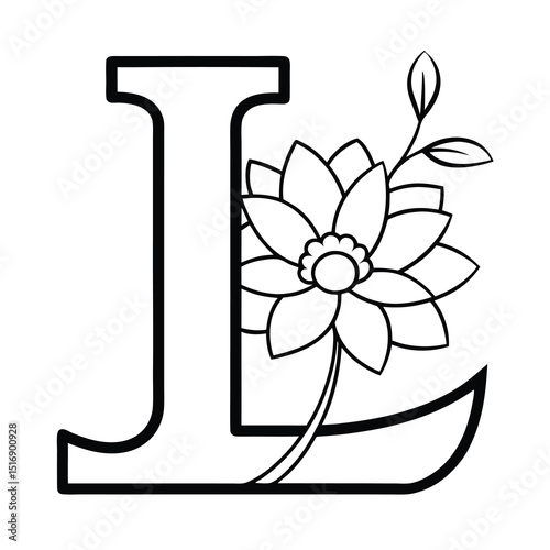 Elegant floral letter l illustration with black outline artistic botanical design