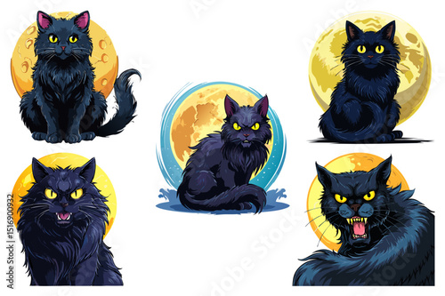 Black cat with a full moon in the background, Angry black cat with big eyes, Yellow cat's eyes, Friday 13 with black cats