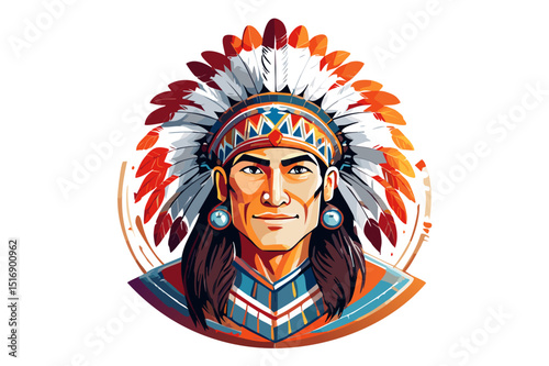 Portrait of a Native American Chief, adorned with a majestic feathered headdress, Indian tribal Warrior Leader