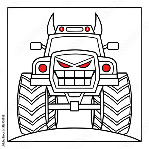 Evil monster truck illustration cartoon black and white outline design for coloring pages
