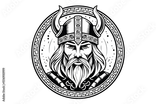Black and white portrait of a frowning angry Celtic warrior in a horned helmet, Viking or Gallic warrior,