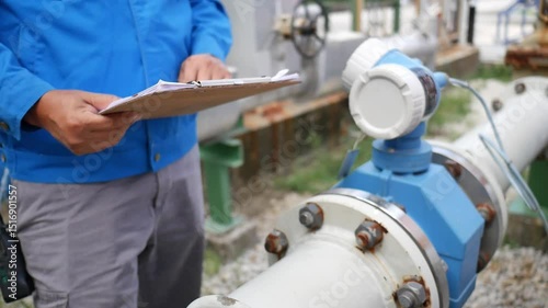 An engineer checks fluid flow accuracy in a chemical plant by reading a flow transmitter, reflecting process control, safety assurance, and precision in industrial operations.