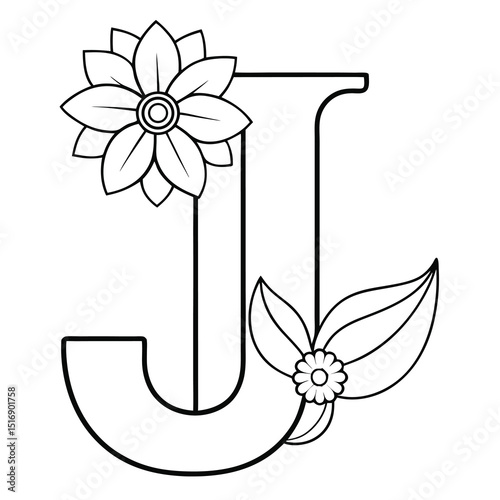 Floral letter j outlined illustration design embellished with blossoms and decorative leaves