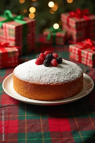 Wallpaper Mural A Christmas cake topped with powdered sugar and fresh berries is placed on a red and green plaid tablecloth. The background features wrapped gifts and twinkling lights Torontodigital.ca