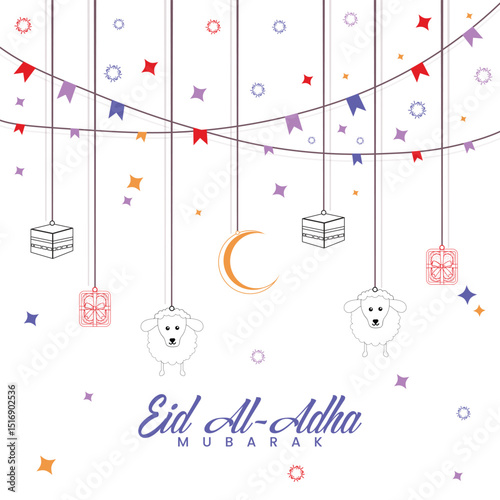 eid al-adha background, with hanging lanterns, kaaba icons, crescent moon, and sheep — symbolizing the festive spirit and sacrifice of the holy celebration
