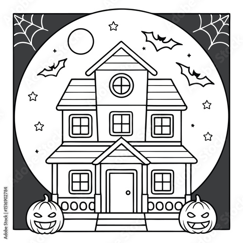 Spooky black and white halloween haunted house illustration with bats and jack o lanterns