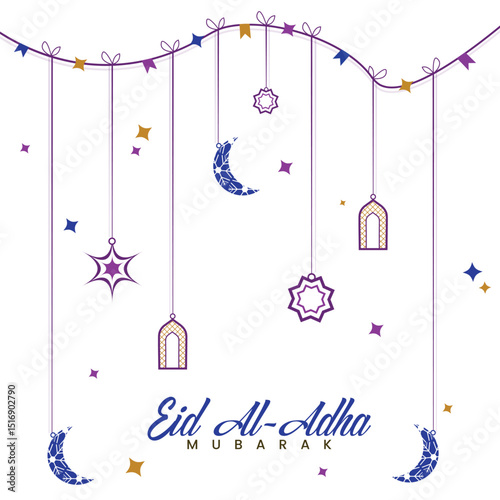 eid al-adha, islamic background, with decorative moons, stars, and lanterns. symbolizes the festive spirit and traditional animal sacrifice, of the muslim holiday