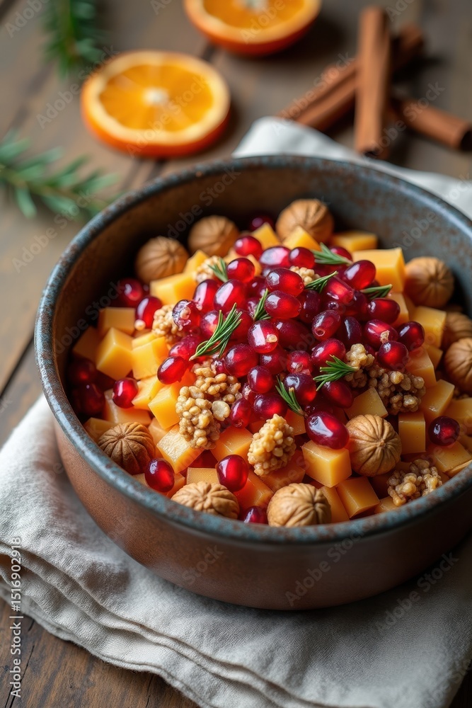 A rustic bowl of Christmas sochivo topped with pomegranate seeds and walnuts is placed on a linen cloth. The background features dried orange slices and cinnamon sticks A rustic bowl of Christmas sochivo topped with pomegranate seeds and walnuts is placed on a linen cloth. The background features dried orange slices and cinnamon sticks