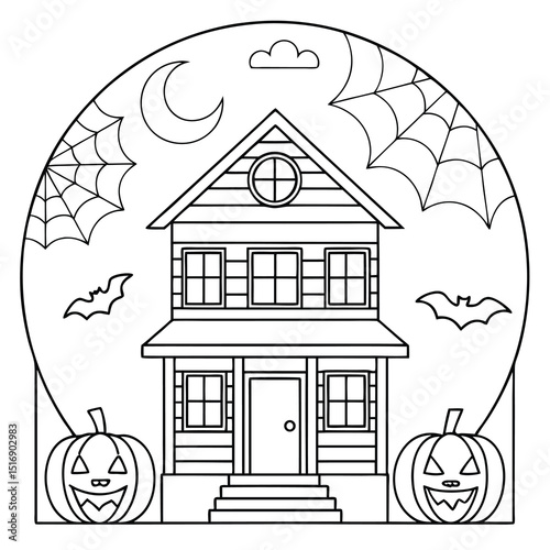Spooky haunted house silhouette with halloween pumpkins bats cobwebs and moon