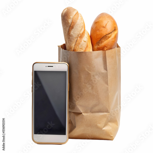 Freshly baked baguettes in a paper bag beside a modern smartphone on white background