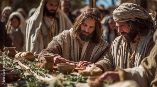 Biblical reenactment of a communal meal depicting the resurrection and forgiveness during Easter celebrations photo
