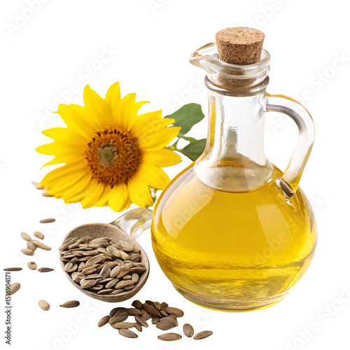 Sunflower Oil Bottle in Glass Carafe with Cork Stopper Isolated