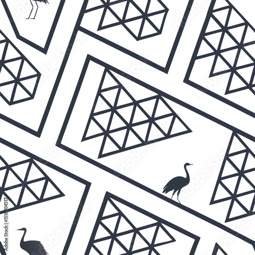 abstract geometric background, Seamless Fluid Line Art with bird Pattern Black and White Vector Background,  Contour topographic map background