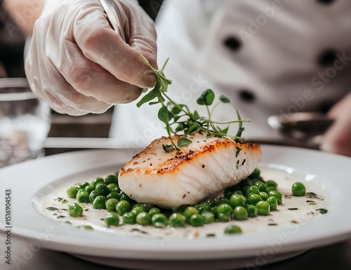 Chef plating panseared fish dish.
