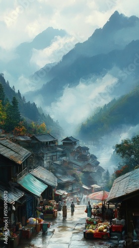 A cozy cottage surrounded by fruit trees, peaceful and dreamy setting