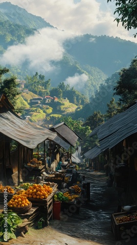 A cozy cottage surrounded by fruit trees, peaceful and dreamy setting