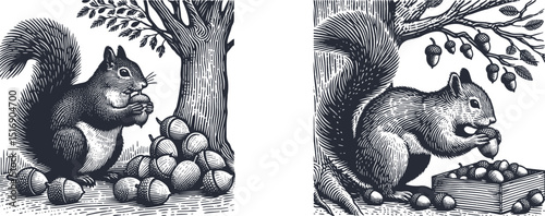  Woodcut Style Illustration of a Squirrel Storing Acorns in a Tree  Hand-Drawn Engraving Design, Rustic Nature Scene, Retro Wildlife Art, Forest Animal Graphic Set