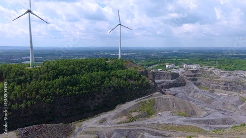 Drone view of a wind turbine in Osnabrueck, Germany (Rundwanderweg Piesberg Nord)