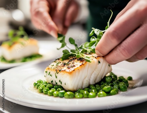 Chef plating panseared fish with peas.