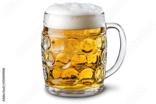 Full dimpled beer stein with frothy head ready to be enjoyed