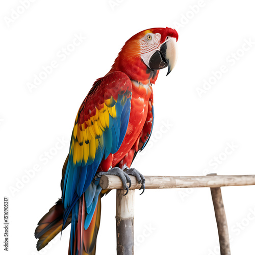 A vibrant scarlet macaw perched regally its plumage a fiery display on transparent background photo