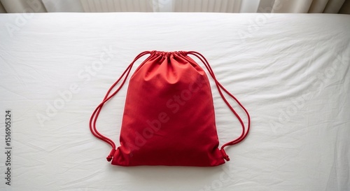 Red drawstring bag placed on a white surface  