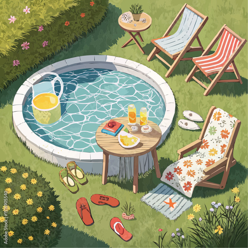  Isometric Vector Poolside Scene in Vibrant Colors Representing Summer Relaxation.