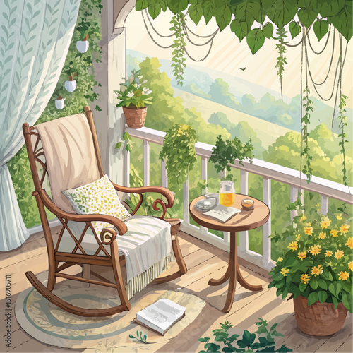 Isometric Cozy Summer Porch Scene in Soft Colors Representing Relaxation and Tranquility with Copy Space.