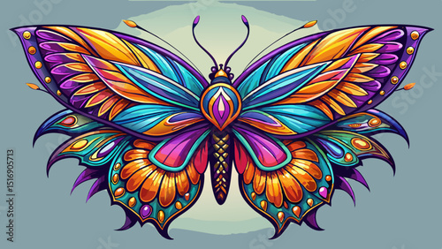 A vibrant butterfly tattoo rests on the collarbone. Detailed in close view, its symmetrical wings burst with gradient colors, representing transformation and personal growth in a modern feminine style